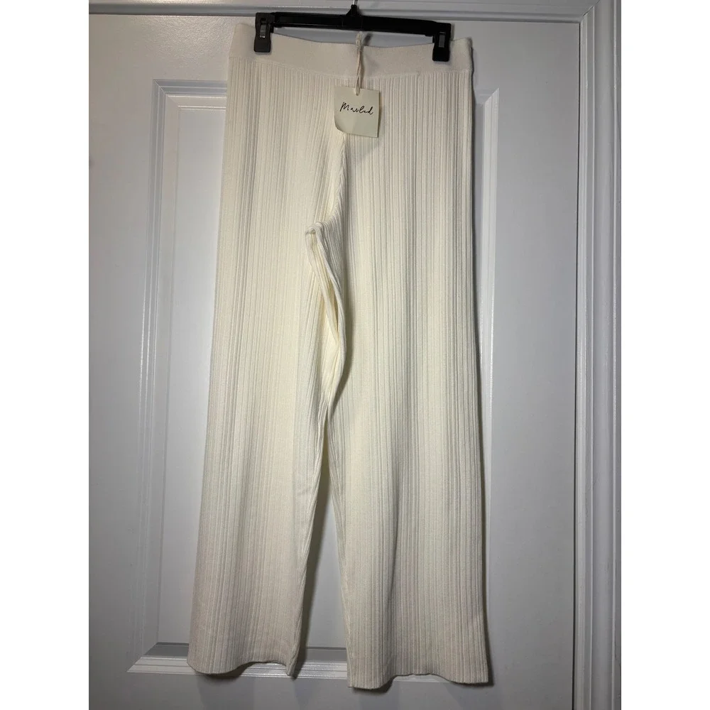 Marled NWT Womens Ivory Ribbed Knit Wide Leg Pants High Waisted Cream - Medium - Picture 1 of 3